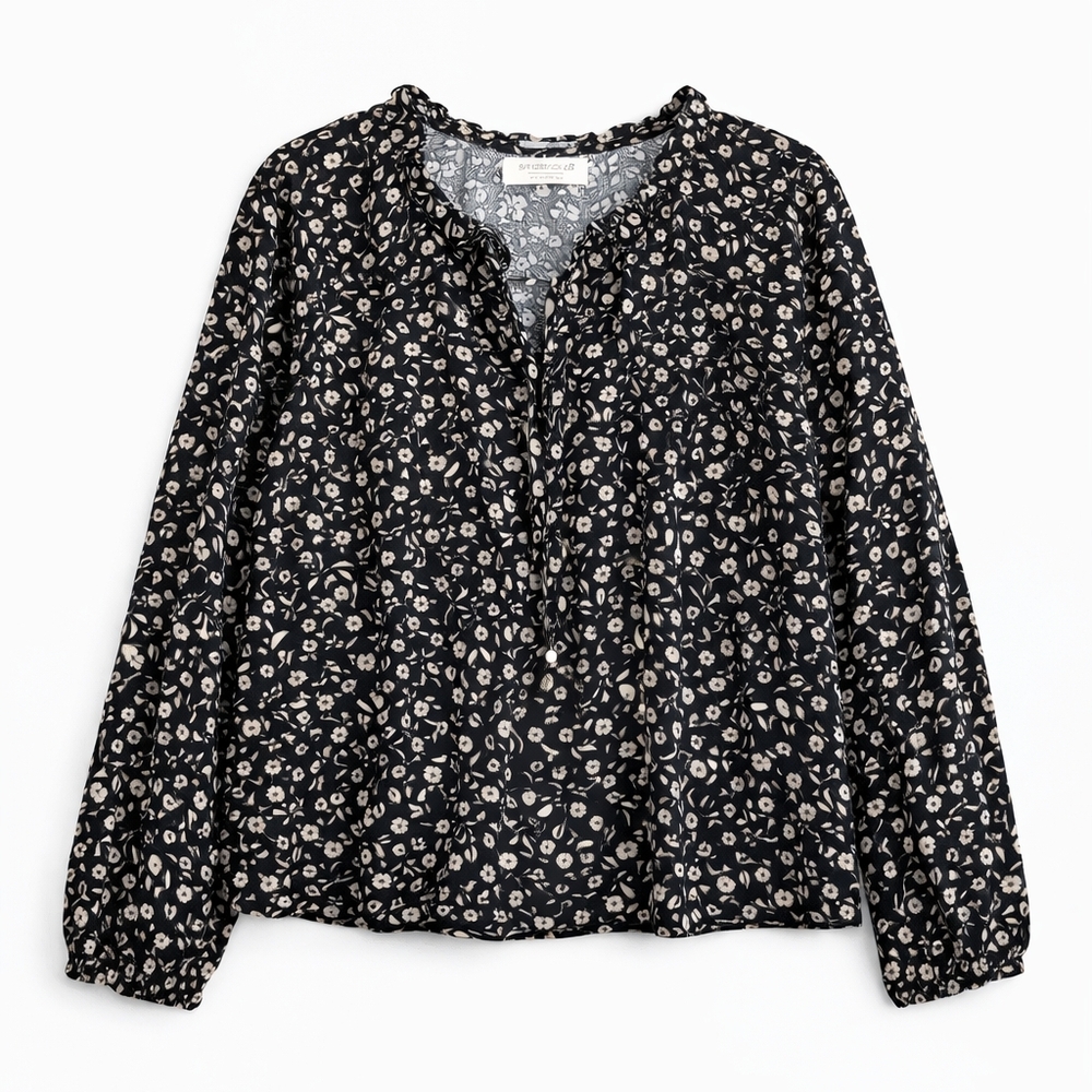 Studio B By Bobeau Black Floral Tie Neck Blouse M
